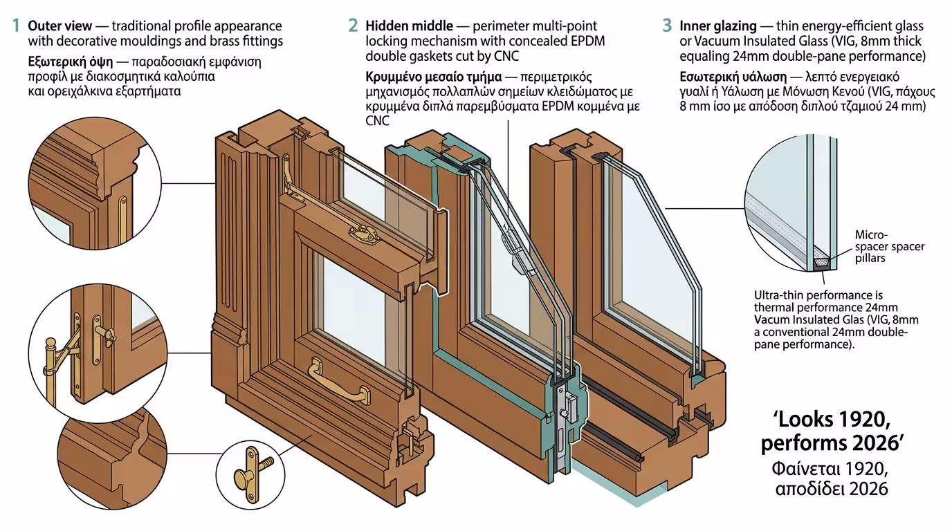 Σύγχρονη μόνωση πίσω από ρετρό πρόσοψη - λεπτά τζάμια, κρυφοί μηχανισμοί