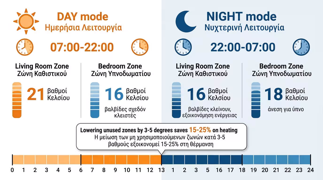 Ζώνη ημέρας 21°C (σαλόνι) - ζώνη νύχτας 18°C (υπνοδωμάτια)