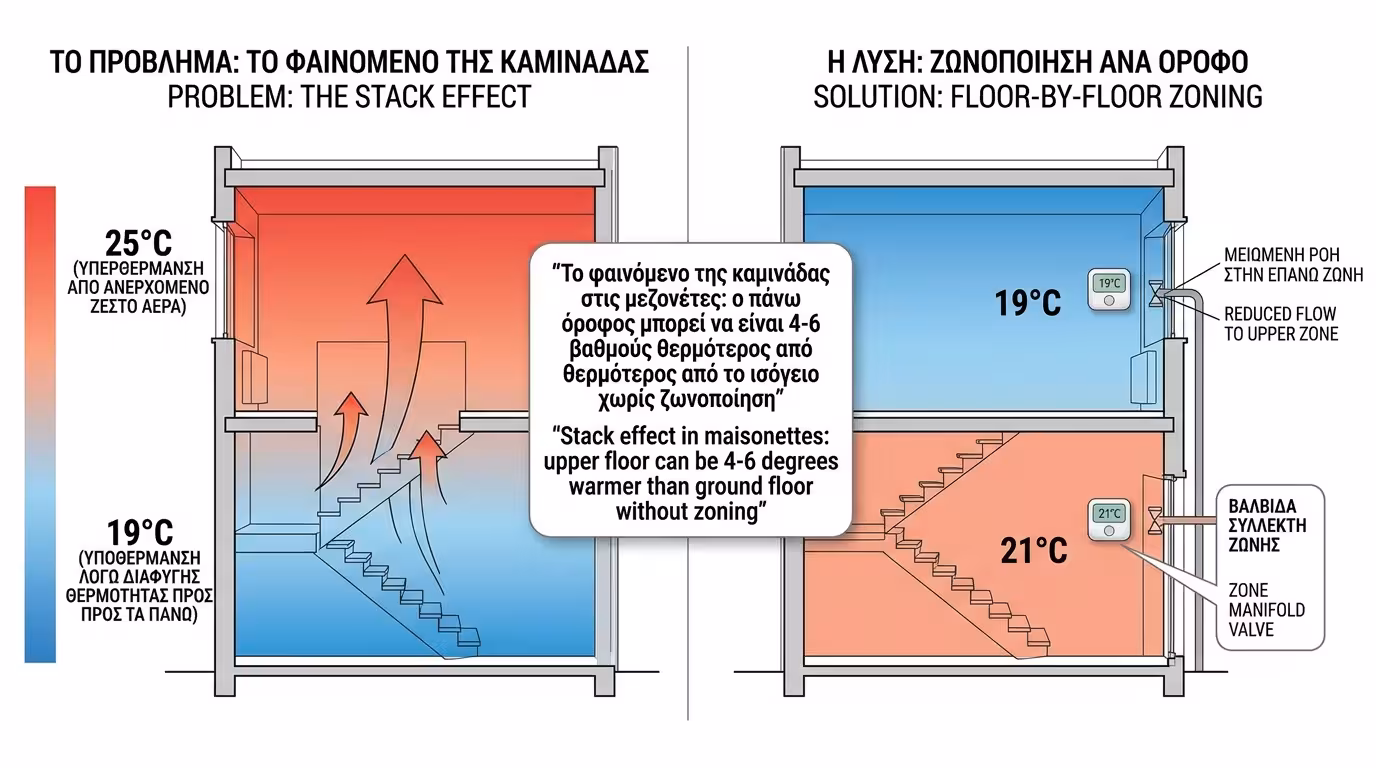 Μεζονέτα - φαινόμενο καμινάδας, ζεστός αέρας ανεβαίνει, ζώνη ανά όροφο