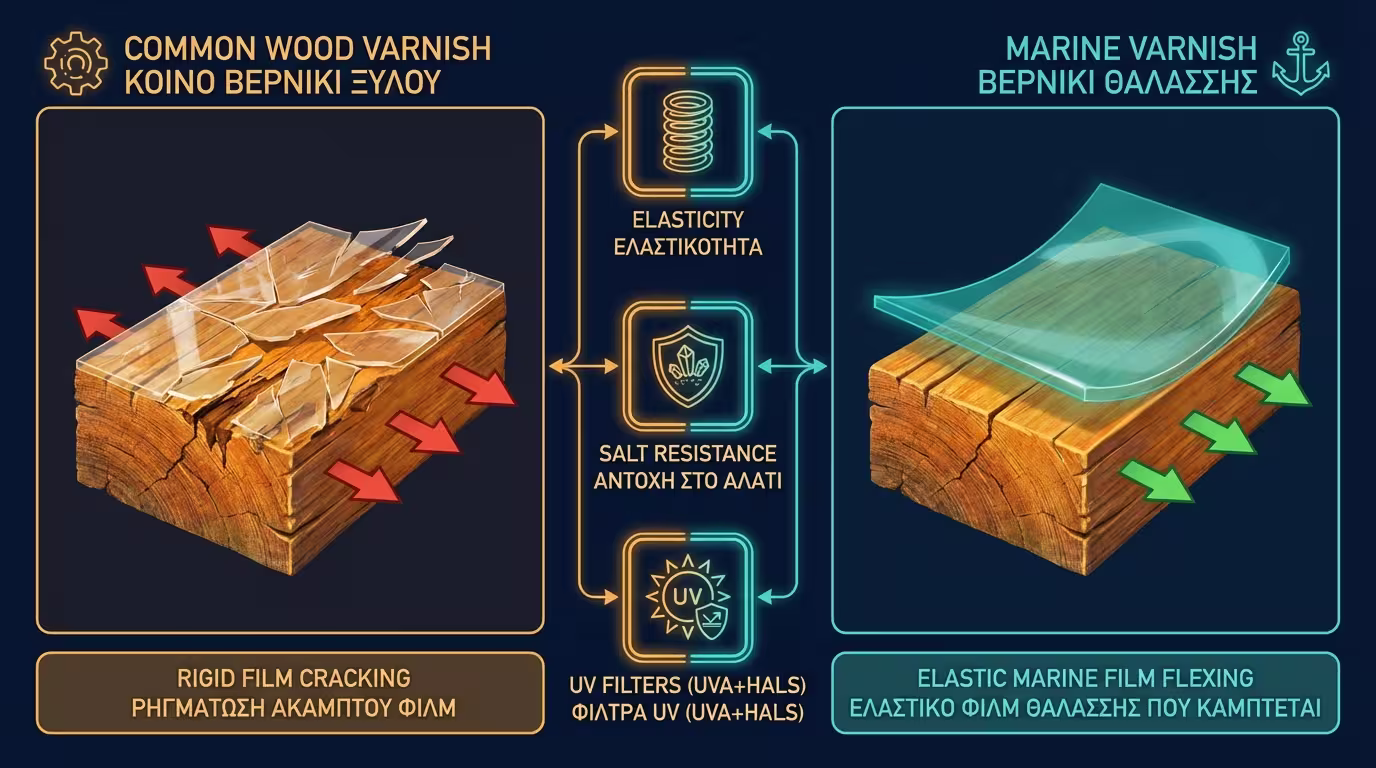 Ινφογκράφικ σύγκρισης κοινού βερνικιού vs βερνικιού θαλάσσης: ελαστικότητα, UV φίλτρα, αντοχή σε αλάτι (ελληνικά και αγγλικά)