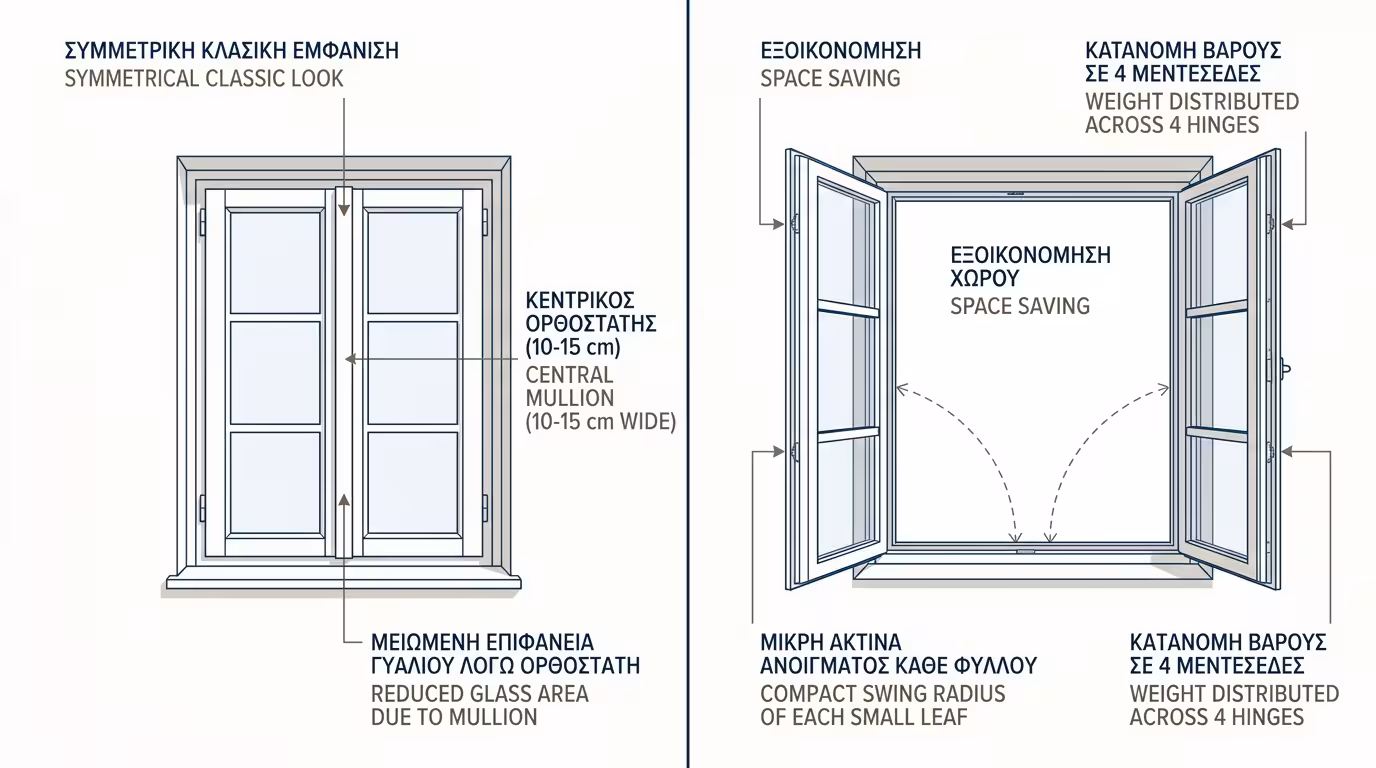 Δίφυλλο ανοιγόμενο κούφωμα - κλασική συμμετρία, εξοικονόμηση χώρου