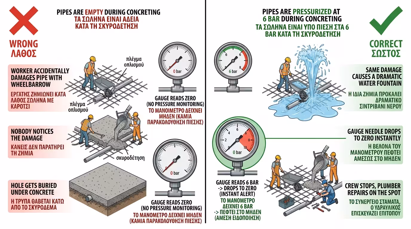 Δίκτυο υπό πίεση κατά τη ρίψη μπετόν - μανόμετρο συνδεδεμένο, εργάτες σκυροδέτησης