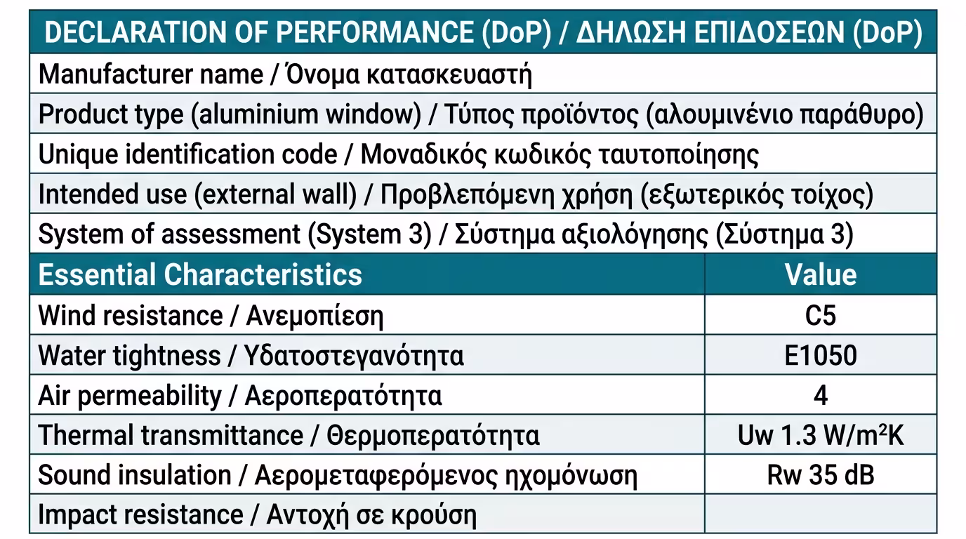 Δήλωση Επιδόσεων DoP - εργαστηριακά αποτελέσματα κουφώματος