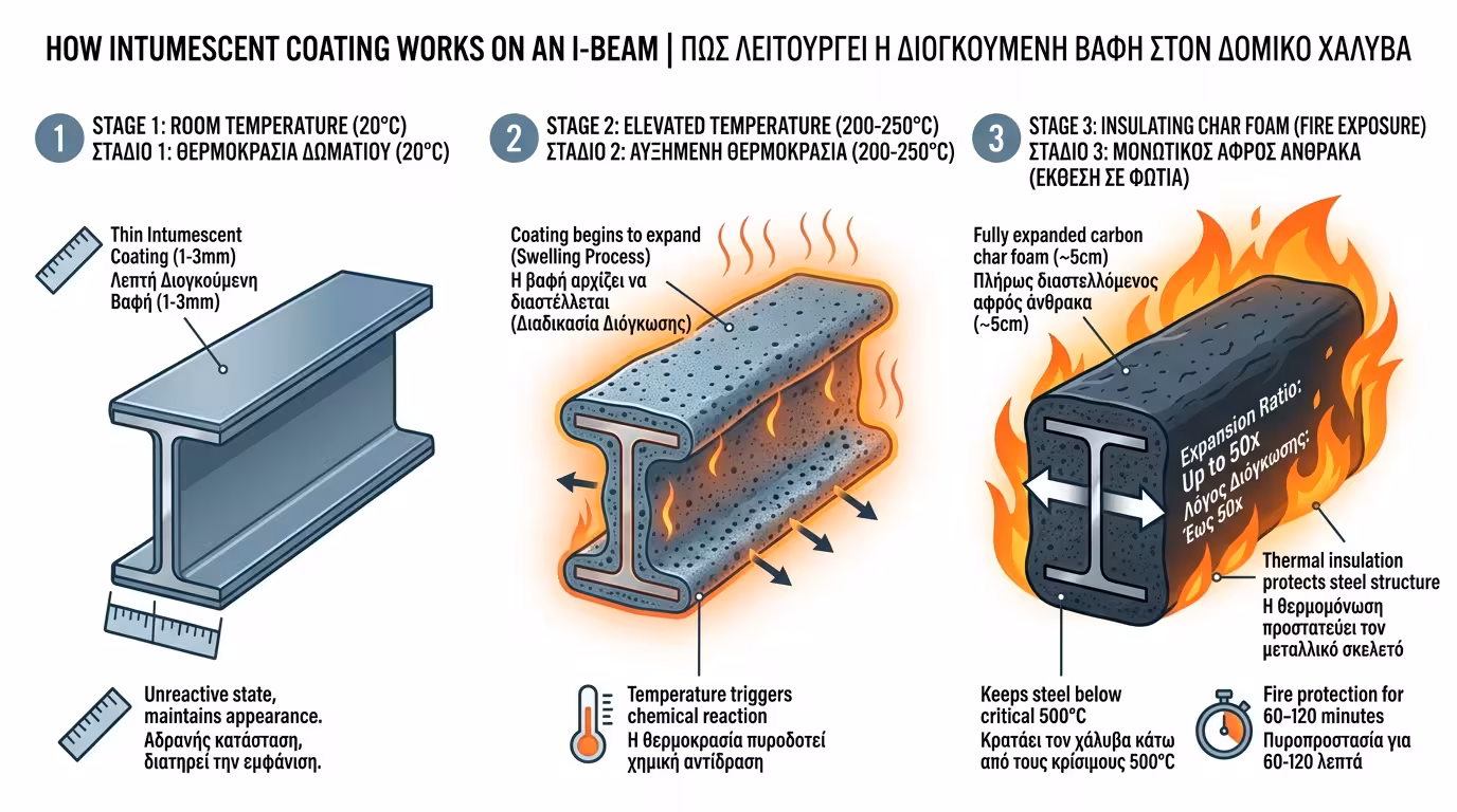 Διογκούμενο χρώμα: λεπτή στρώση 1-3 χιλ. που φουσκώνει 50 φορές στους 200-250°C