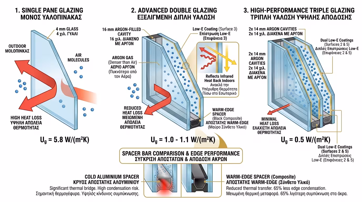 Διπλά τριπλά τζάμια Argon Low-E επίστρωση κενό