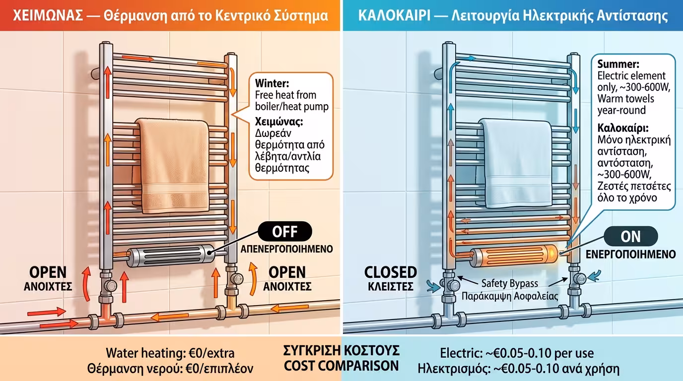 Πετσετοκρεμάστρα διπλής ενέργειας: χειμώνα ζεστό νερό, ενδιάμεσες εποχές ηλεκτρική αντίσταση