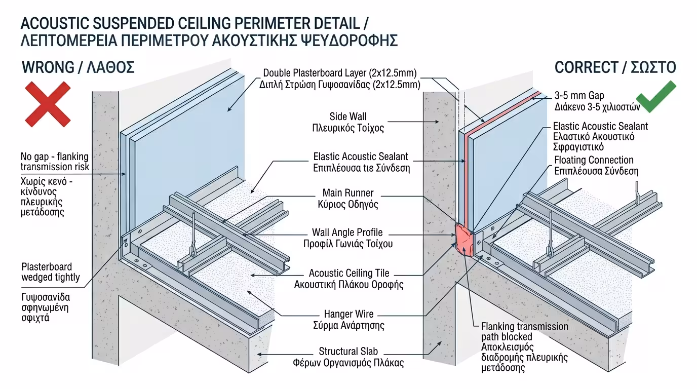 Διπλή γυψοσανίδα με σταυρωτούς αρμούς και περιμετρική ακουστική μαστίχη