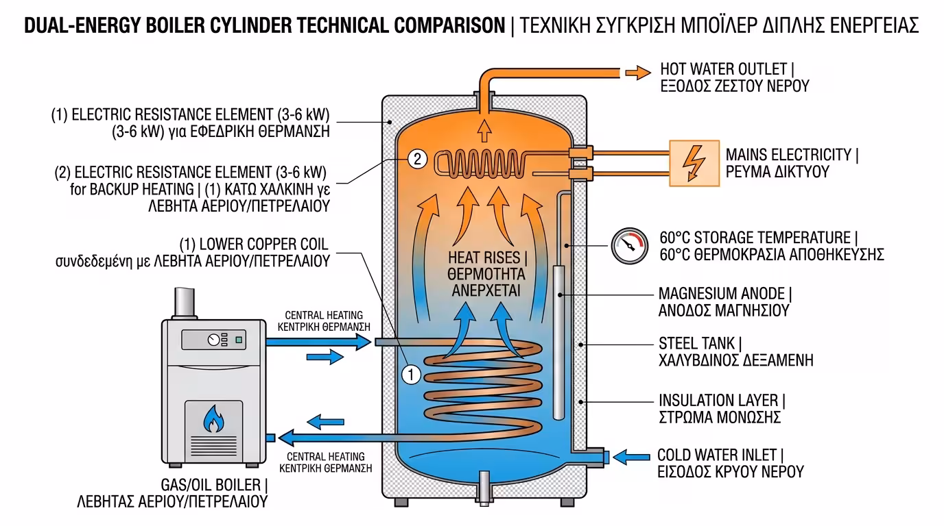 Μπόιλερ διπλής ενέργειας - λέβητας και ηλεκτρική αντίσταση