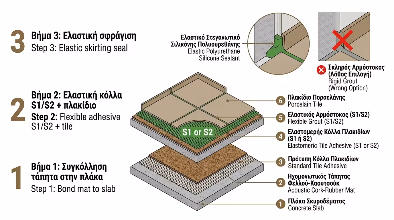 Τρία βήματα: υπόστρωμα, ελαστική κόλλα S1/S2, πλακάκι