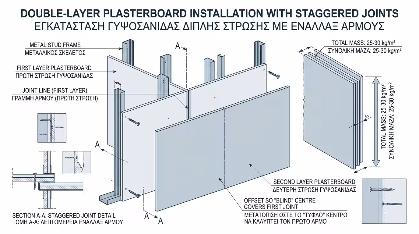 Διπλή γυψοσανίδα: σταυρωτοί αρμοί, 25-30 kg/m² - ο αρμός σκεπάζεται