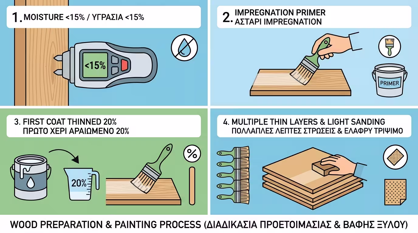 Ινφογκράφικ 4 βημάτων εφαρμογής βερνικιού θαλάσσης: στεγνό ξύλο, καθαρισμός, αραιωμένο 1ο χέρι, λεπτές στρώσεις (ελληνικά και αγγλικά)
