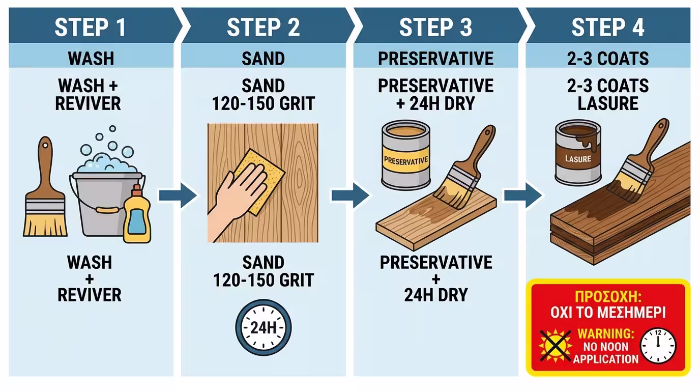 Ινφογκράφικ 4 βημάτων: καθαρισμός/ξεγκριζάρισμα → τρίψιμο Νο 120-150 → συντηρητικό 24h → 2-3 χέρια Lasure (ελληνικά και αγγλικά)