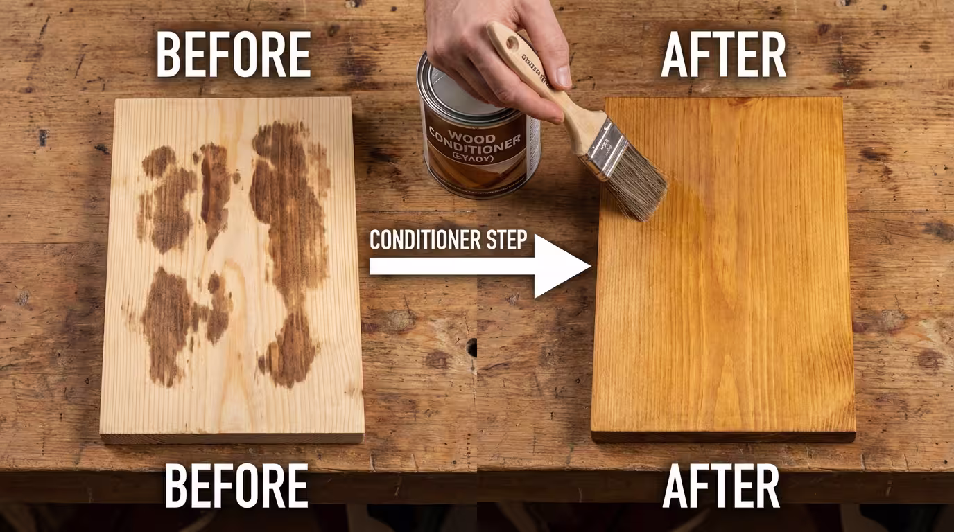 Πριν/μετά: Πεύκο + stain χωρίς conditioner = κηλίδες. Πεύκο + wood conditioner + stain = ομοιόμορφο χρώμα (ελληνικά και αγγλικά)