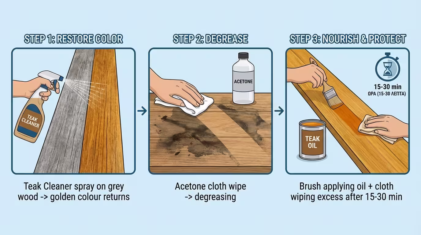 3 Βήματα: 1) Teak Cleaner (ξεγκριζάρισμα), 2) Απολίπανση ασετόν/νίτρου, 3) Εφαρμογή λαδιού + σκούπισμα περίσσειας σε 15-30 λεπτά (ελληνικά και αγγλικά)
