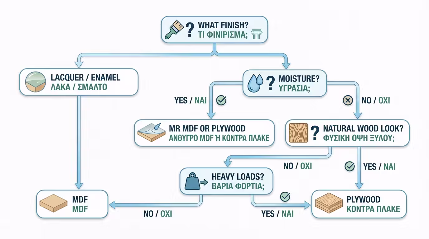 Flowchart: Λάκα/ριπολίνη→MDF. Υγρασία→Ανθυγρό MDF/Plywood. Φυσικό ξύλο→Plywood. Βάρη/αντοχή→Plywood (ελληνικά και αγγλικά)