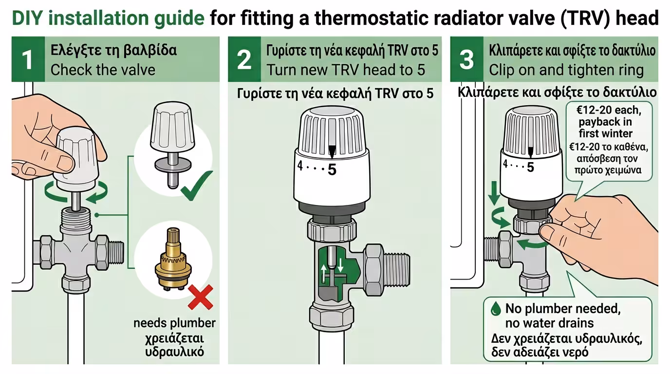 DIY εγκατάσταση θερμοστατικής κεφαλής - ξεβίδωμα χερουλιού, πείρος βαλβίδας, κούμπωμα TRV