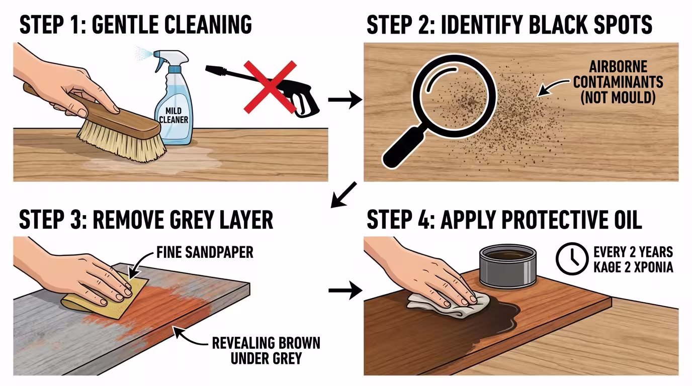 Ινφογκράφικ 4 βημάτων: 1) ήπιο πλύσιμο (ΟΧΙ πιεστικό!), 2) αφαίρεση μαύρων στιγμάτων, 3) ελαφρύ τρίψιμο, 4) 1-2 στρώσεις λάδι. Κάθε 2 χρόνια (ελληνικά και αγγλικά)
