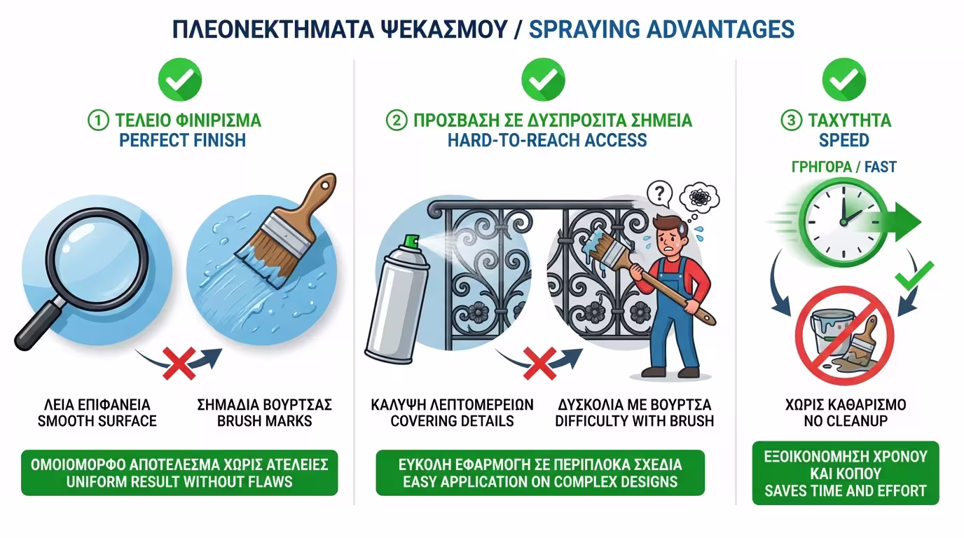 Ινφογκράφικ: Τα 3 πλεονεκτήματα του σπρέι - λείο φινίρισμα, πρόσβαση σε δύσκολα σημεία, ταχύτητα.