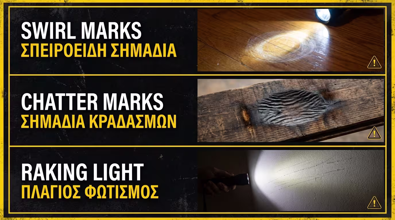 Ινφογκράφικ: swirl marks, chatter marks, raking light test - κυκλικές γρατζουνιές, λακκούβες, φακός χαμηλά (ελληνικά και αγγλικά)