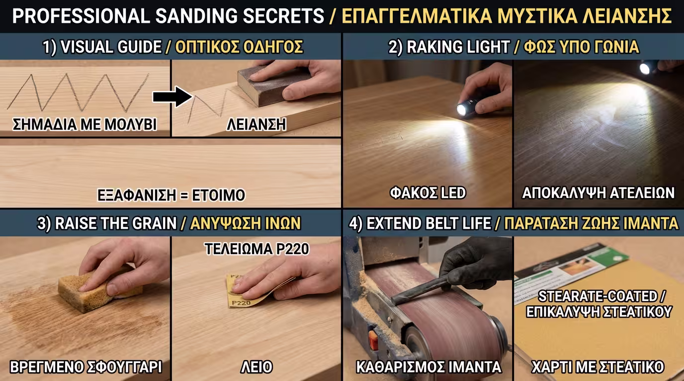 Ινφογκράφικ: 1) Κόλπο μολυβιού (ζιγκ-ζαγκ γραμμές), 2) Πλάγιος φακός LED (raking light), 3) Σήκωμα ίνας (wet sponge → P220), 4) Γόμα καθαρισμού + στεατικά γυαλόχαρτα (ελληνικά και αγγλικά)