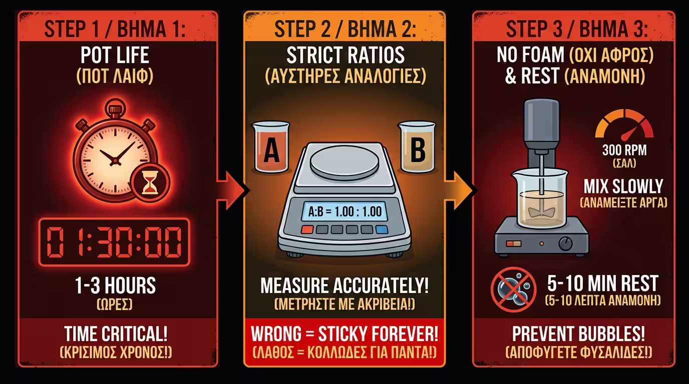 Ινφογκράφικ: Pot Life (1-3h ρολόι), Αναλογία Α:Β (ζυγαριά), Ανάμειξη χαμηλές στροφές (χωρίς αφρό) (ελληνικά και αγγλικά)