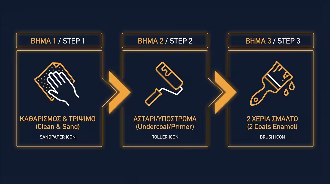 Βήμα-βήμα εφαρμογή: καθαρισμός, τρίψιμο, βελατούρα/αστάρι, 2 χέρια ριπολίνης