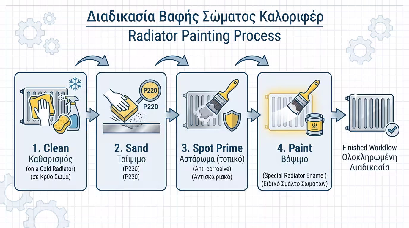 Ινφογκράφικ: 4 βήματα - καθαρισμός, ελαφρύ τρίψιμο, αστάρωμα σημείων, 2 χέρια χρώμα καλοριφέρ.
