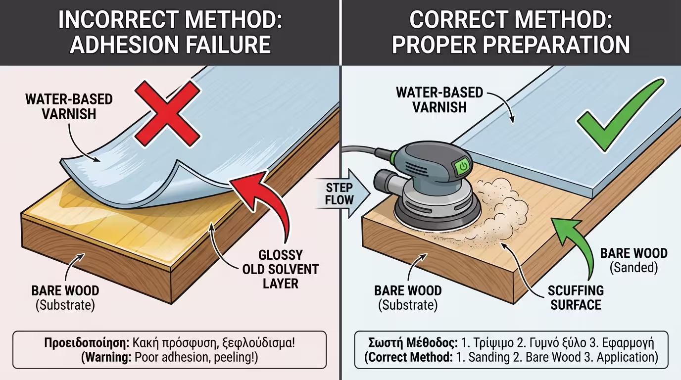 Ινφογκράφικ: ολικό τρίψιμο παλιού λούστρου → γυμνό ξύλο → νέο βερνίκι νερού. Χωρίς τρίψιμο = ξεφλούδισμα (ελληνικά και αγγλικά)