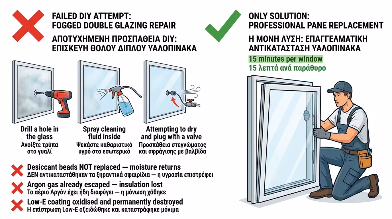 Προειδοποίηση - αποφύγετε DIY επισκευές σε θολωμένα διπλά τζάμια