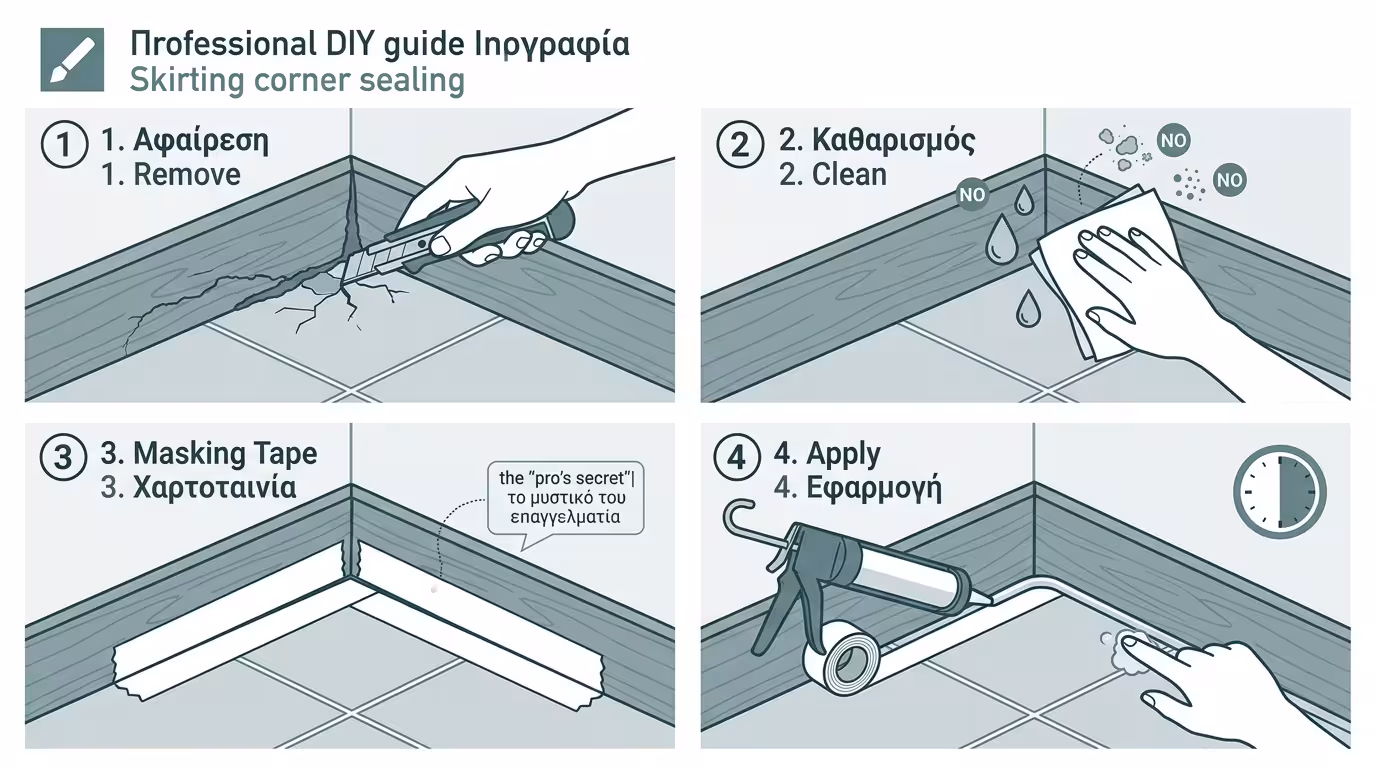 DIY σφράγιση σοβατεπί 4 βημάτων - ξύσιμο, καθαρισμός, ταινία, μαστίχη