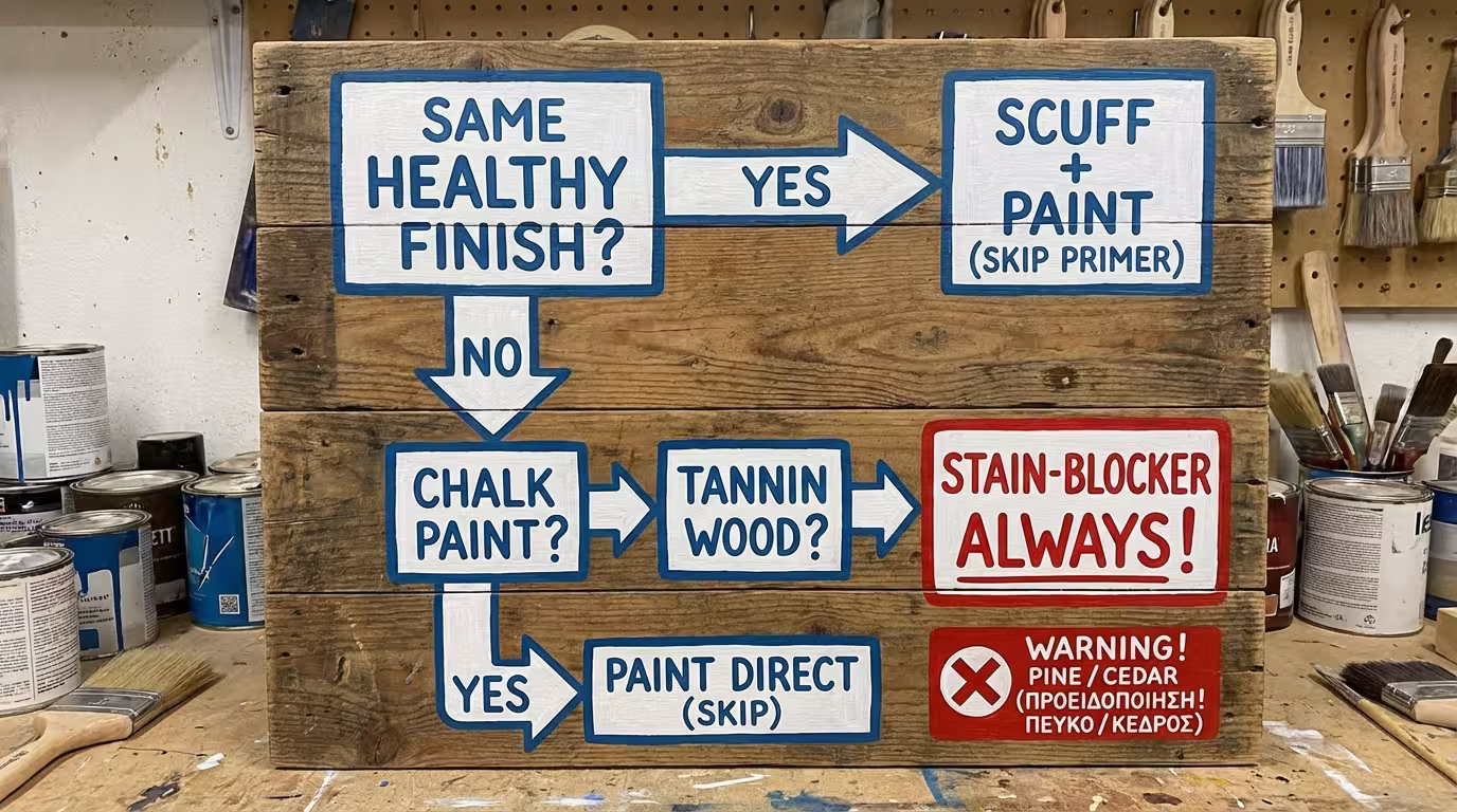 Ινφογκράφικ: ίδιο υγιές φινίρισμα → τρίψιμο αρκεί. Chalk Paint → πιάνει χωρίς αστάρι (εκτός αν τανίνες!) (ελληνικά και αγγλικά)
