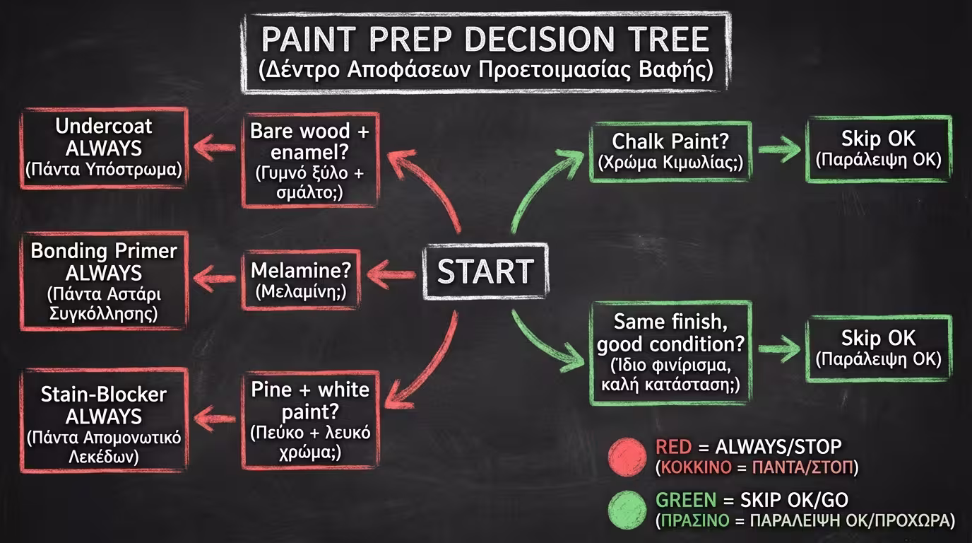 Δέντρο αποφάσεων: Γυμνό ξύλο→Βελατούρα. Μελαμίνη→Bonding Primer. Πεύκο λευκό→Stain-blocker. Chalk Paint→Χωρίς αστάρι. Ίδιο χρώμα→Χωρίς αστάρι (ελληνικά και αγγλικά)