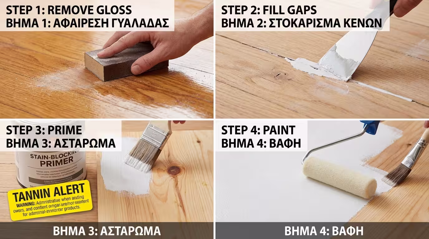 Ινφογκράφικ 4 βημάτων: 1) τρίψιμο γυαλάδας, 2) στοκάρισμα, 3) αστάρι stain-blocker (τανίνες!), 4) 2-3 χέρια χρώμα δαπέδου (ελληνικά και αγγλικά)