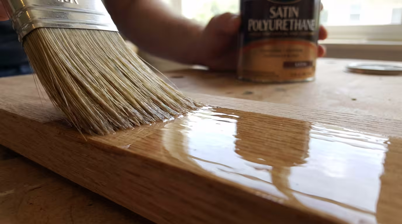 Κοντινό πινέλου που απλώνει βερνίκι PU σε ξύλο - σωστή τεχνική χωρίς φυσαλίδες