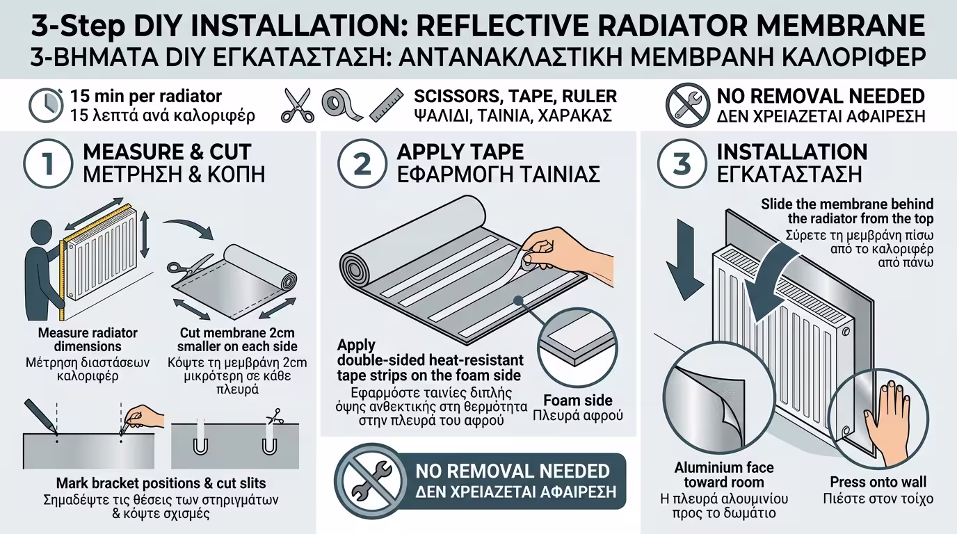 Βήματα τοποθέτησης ανακλαστικής μεμβράνης πίσω από καλοριφέρ