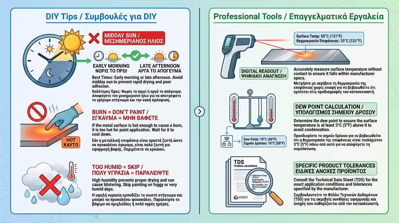 Ινφογκράφικ: DIY (νωρίς πρωί/αργά απόγευμα, κοινή λογική) vs Pro (IR θερμόμετρο, ψυχρόμετρο, TDS).