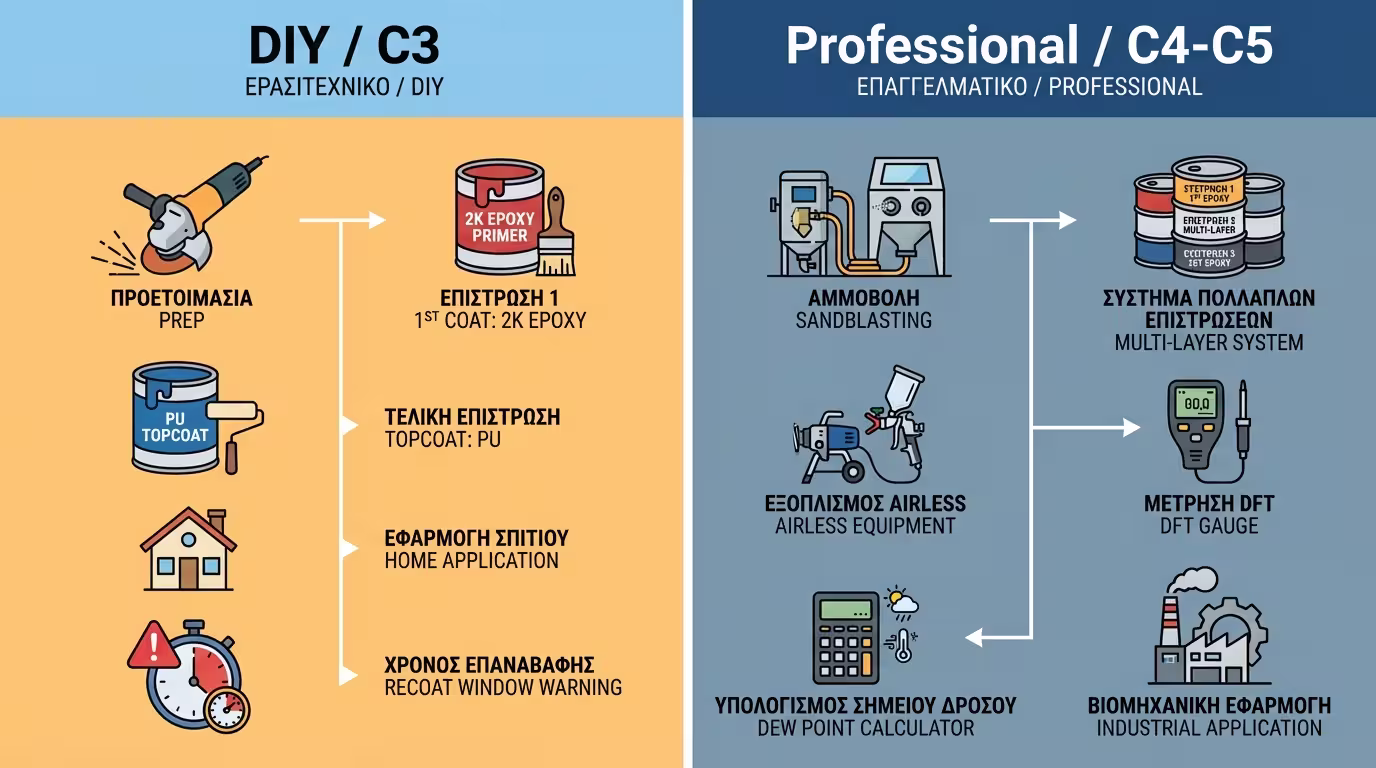 Ινφογκράφικ: DIY/C3 (τροχός + εποξειδικό + PU) vs Επαγγελματίας C4/C5 (αμμοβολή + πολυστρωματικό + DFT μέτρηση).