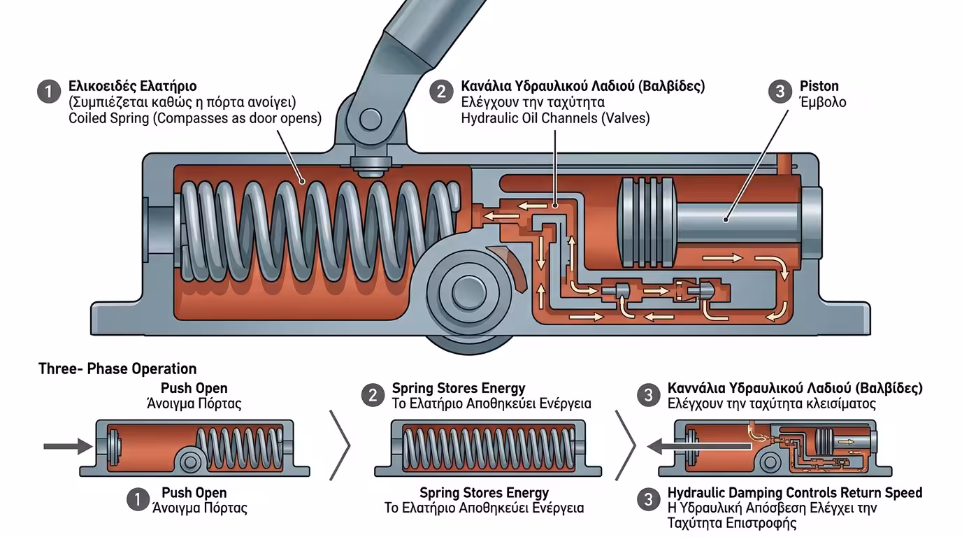 Door closer - υδραυλικός μηχανισμός σούστα σε πόρτα αλουμινίου