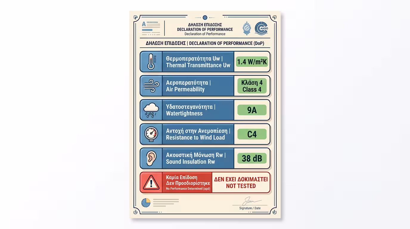 Δήλωση Επιδόσεων DoP - πεδία: Uw, αεροστεγανότητα, υδατοστεγανότητα