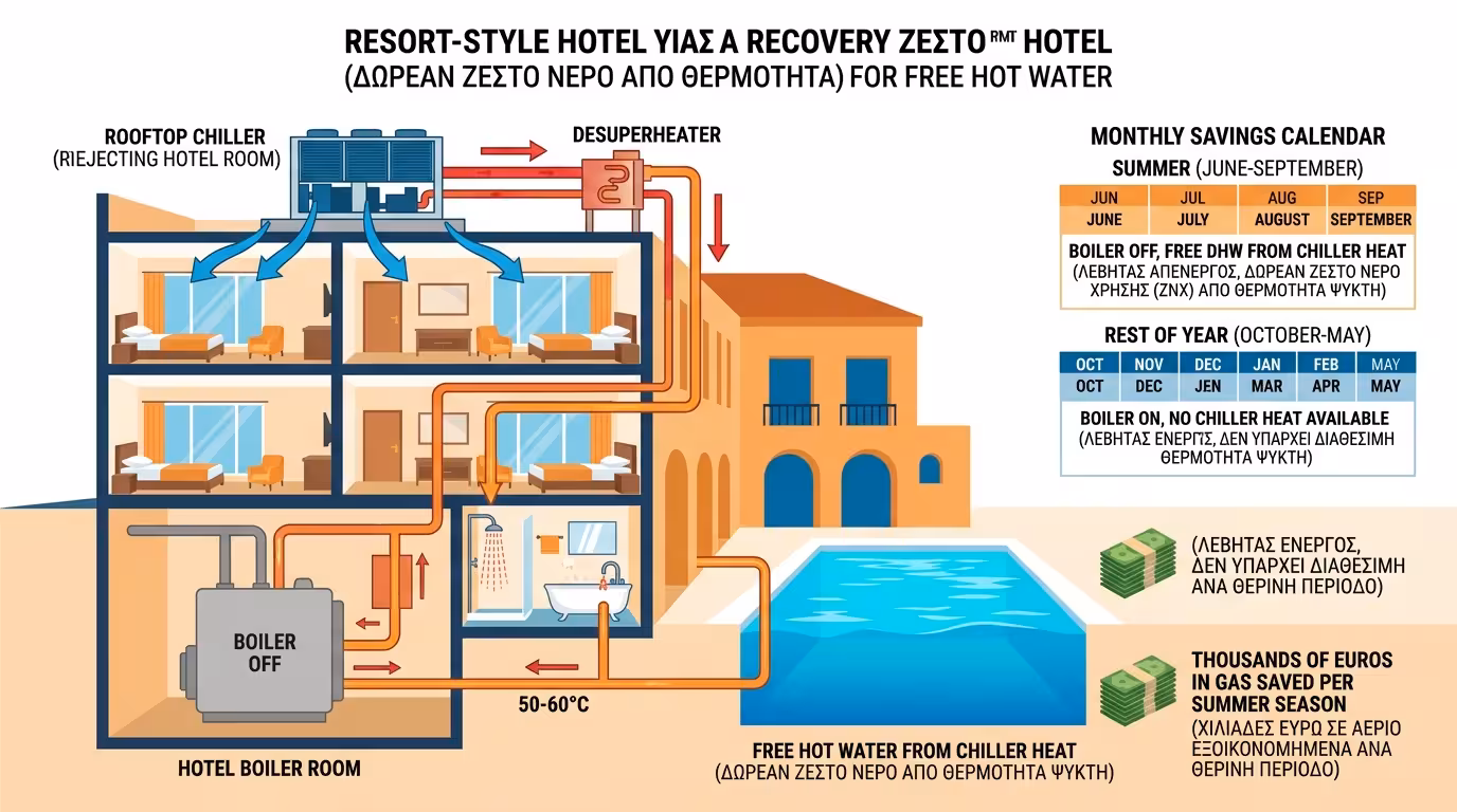 Ξενοδοχείο με πισίνα - δωρεάν ζεστό νερό από τον ψύκτη κλιματισμού το καλοκαίρι