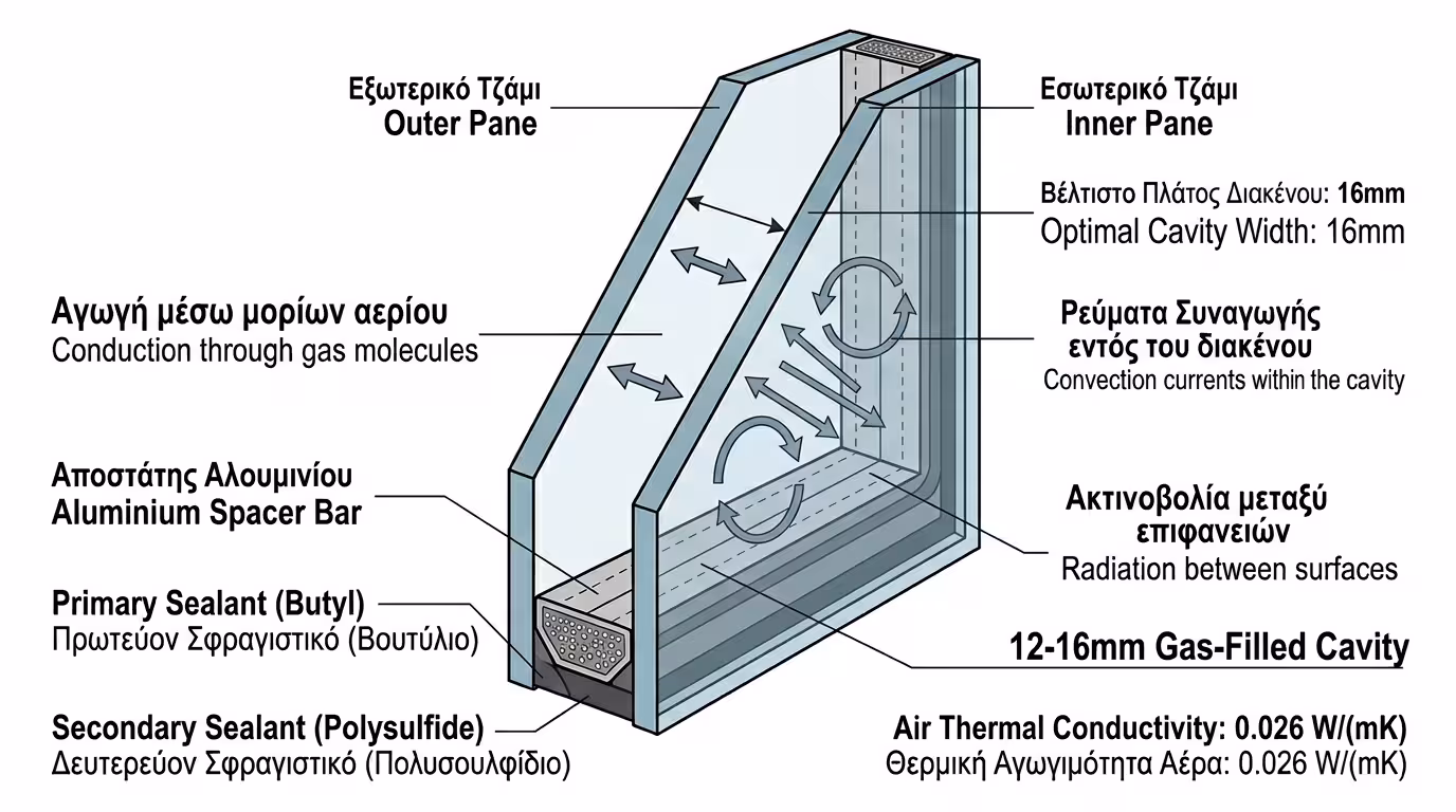 Τομή διπλού τζαμιού - διάκενο αέρα μεταξύ δύο υαλοπινάκων