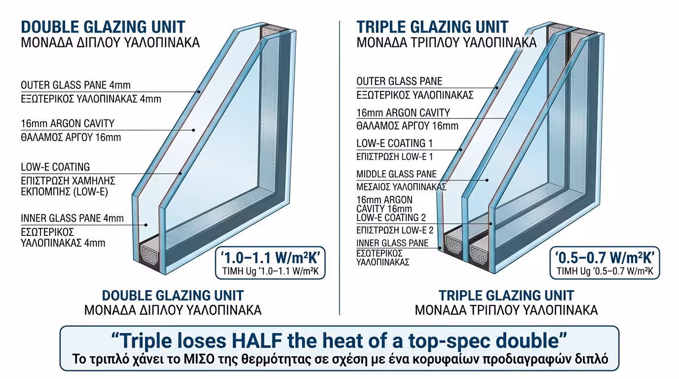 Τομή διπλού και τριπλού ενεργειακού υαλοπίνακα - σύγκριση στρωμάτων, αερίων και Ug