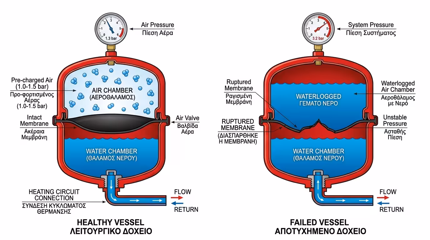Δοχείο διαστολής κόκκινο – πίεση, μεμβράνη, αέρας, λέβητας