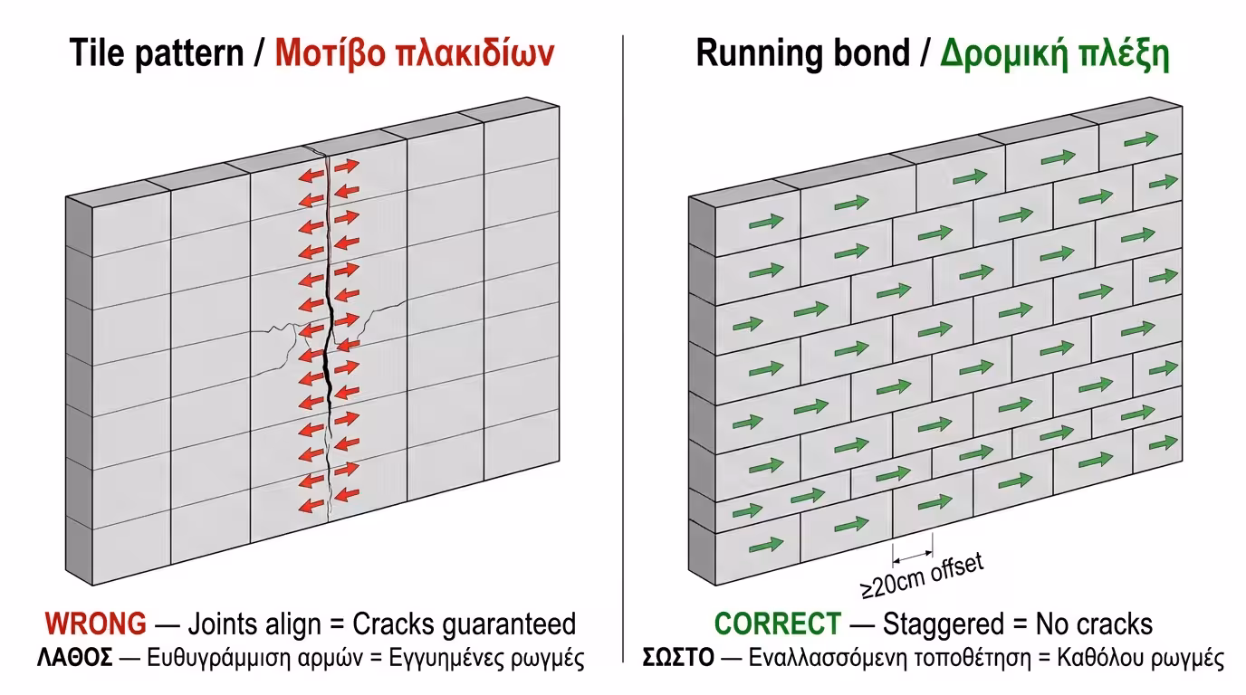 Δρομική τοποθέτηση πλακών - μετατόπιση ≥20cm