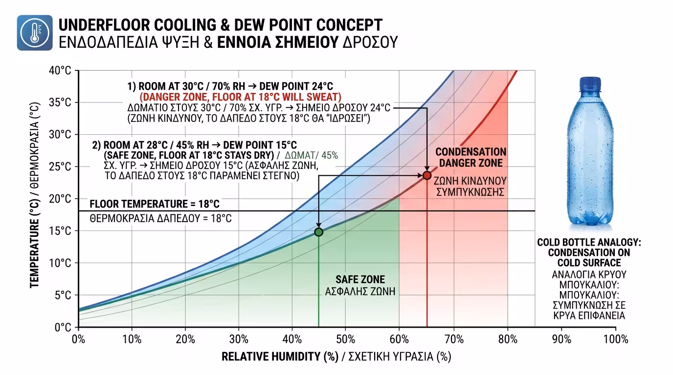 Διάγραμμα Σημείου Δρόσου - πώς η υγρασία αέρα συμπυκνώνεται σε κρύα επιφάνεια ενδοδαπέδιας