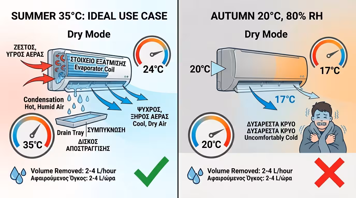 Dry Mode κλιματιστικό - σύμβολο σταγόνας, αφύγρανση αλλά ψύξη ταυτόχρονα