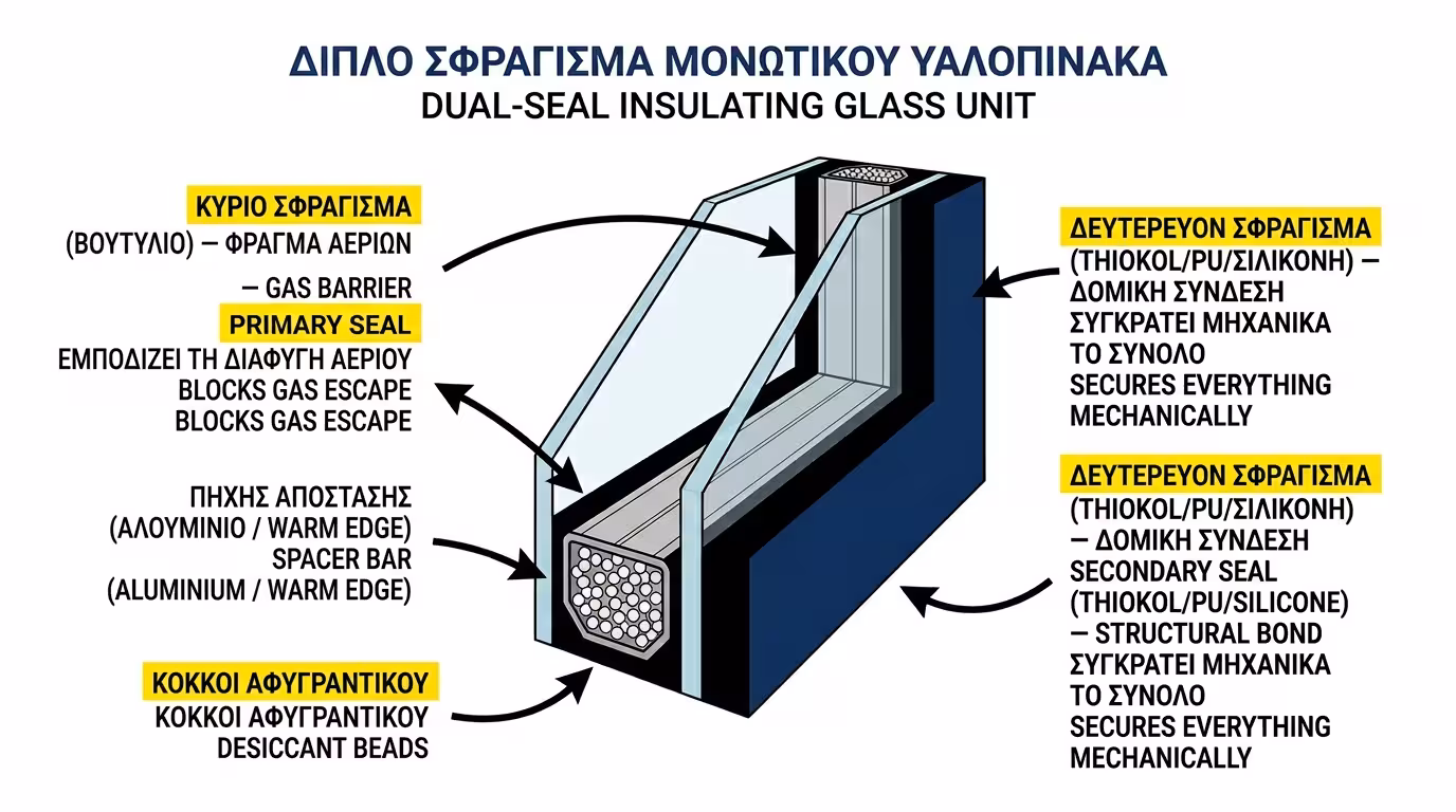 Τομή διπλού τζαμιού - σύστημα διπλής σφράγισης με βουτύλιο και δευτερεύουσα μαστίχα