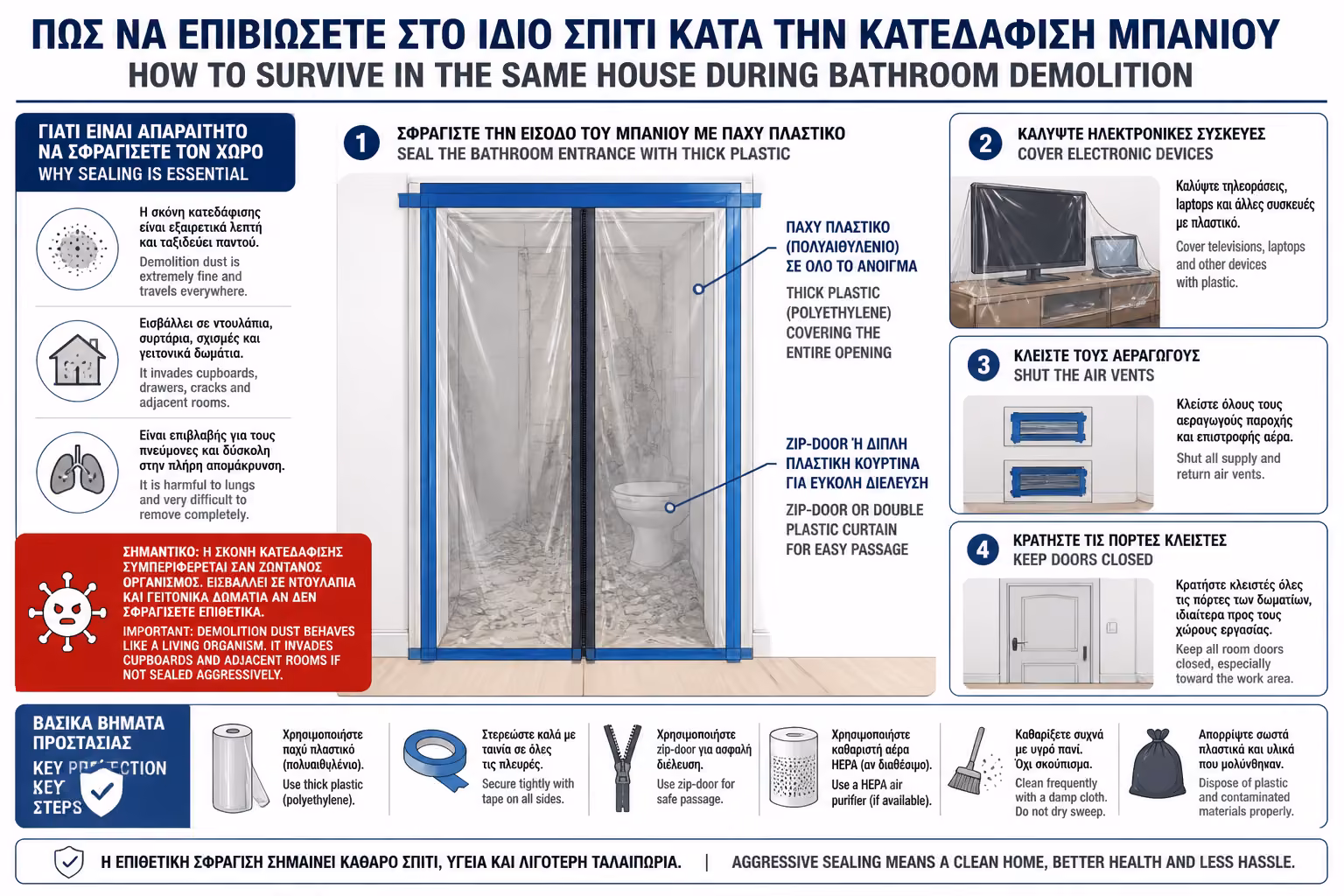 Εικονογράφηση για 3. Διαχείριση Σκόνης & Προστασία του Υπόλοιπου Σπιτιού