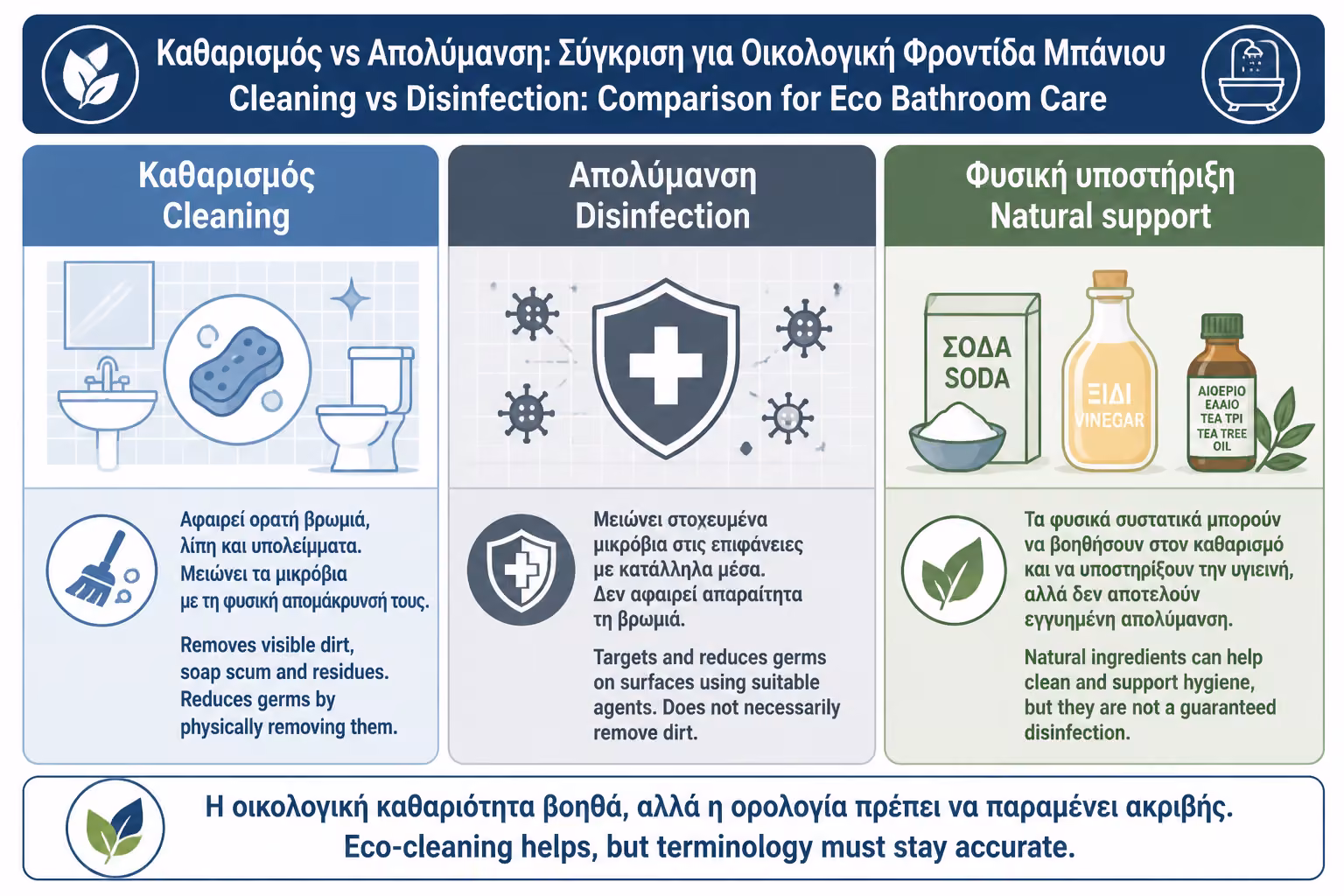 Εικονογράφηση για 1. Καθαρισμός, απολύμανση και “φυσική απολύμανση”: τι σημαίνουν πραγματικά