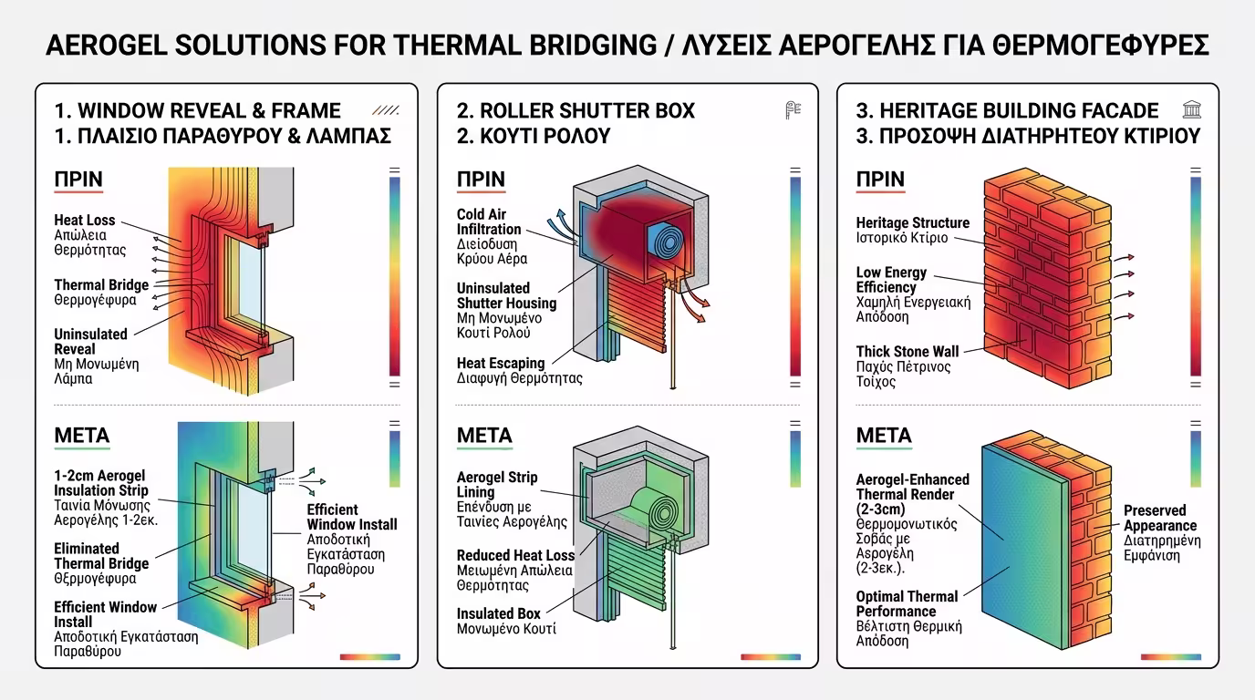 Αεροτζέλ σε λαμπάδες παραθύρων, κουτιά ρολών και διατηρητέα κτίρια